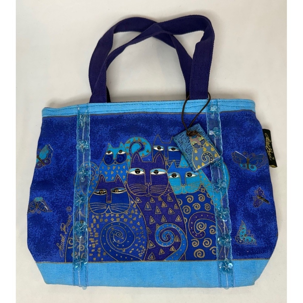 Laurel Burch Small Tote Bag With Wood Charm 11"  x 3" x 8" Indigo Cats